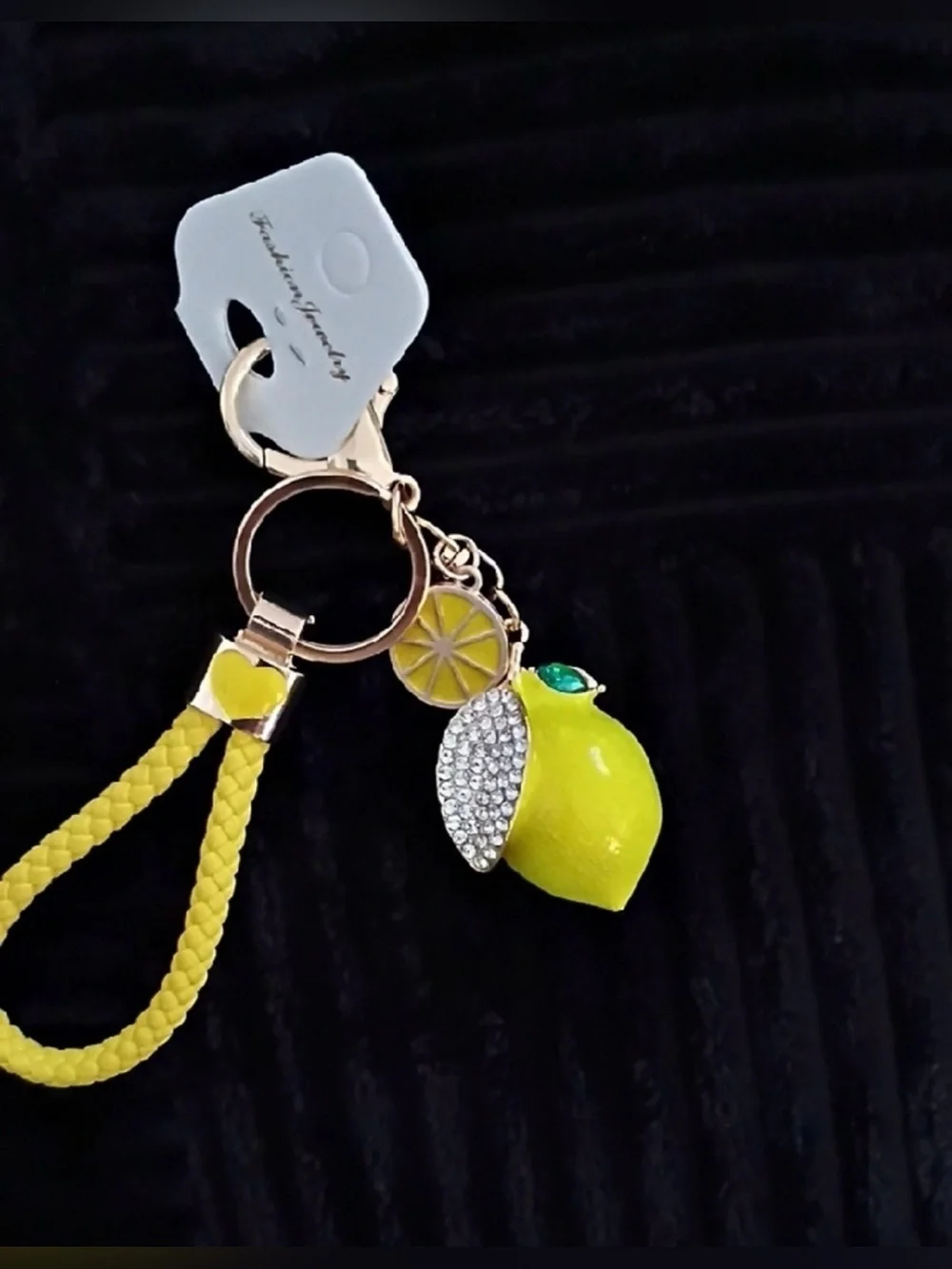 Fashion Jewelry Yellow Lemon Charm Keychain Wristlet with Crystal Accent
